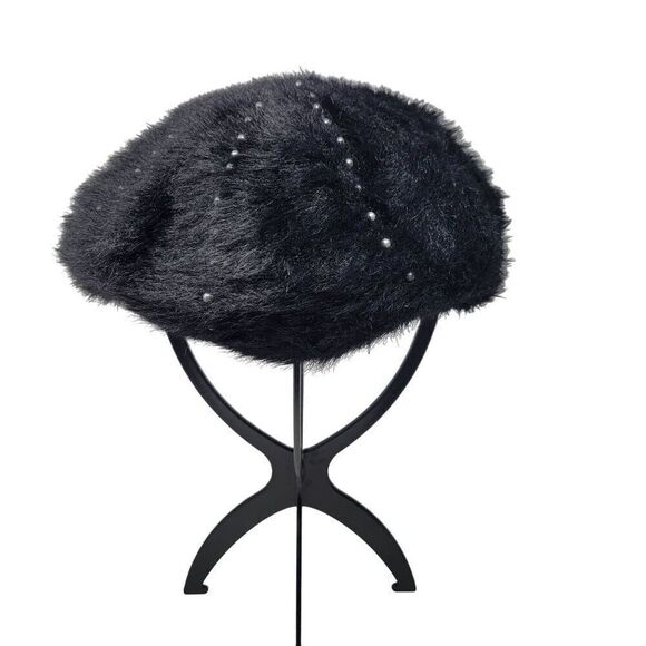 Sole‎ Society Fuzzy Eyelash Black Beret Gunmetal Studded Hat Military City Glam